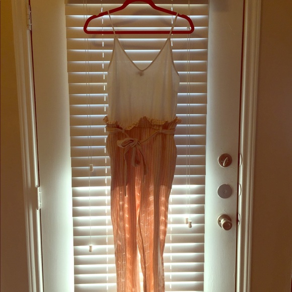 White and coral beachy jumpsuit. - Picture 1 of 6
